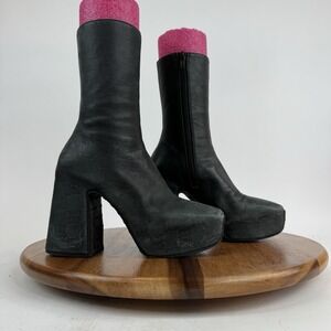 Womens MISBHV Black Leather Block Heel Mid Zip Platform Boots Booties Size EU 36